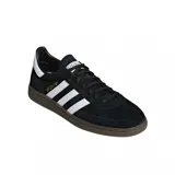Championes adidas Handball Spezial de diseño clásico, confeccionados en gamuza negra con las icónicas tres tiras laterales en blanco. Presentan un detalle en el talón blanco, inscripción dorada en el lateral y una suela de goma color caramelo.