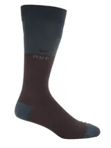 Medias de caña media marca RKF, confeccionadas en fibra de bambú, con diseño de bloques de color en tonos azul y marrón, y logo bordado.