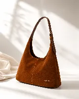 Cartera tipo hobo de gamuza color marrón ambar, amplia y práctica, con asa de hombro regulable de cuero sintético y detalles de costuras visibles.