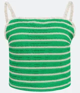 Blusa musculosa cropped de punto, con diseño de rayas horizontales en verde y blanco, escote recto y tirantes finos con detalles de volados.