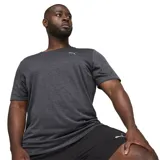 Remera deportiva Puma de manga corta, color gris oscuro jaspeado, con cuello redondo y logo Puma Cat en blanco en el pecho. El cuello tiene un detalle de cinta en color verde neón con la inscripción "RUN".