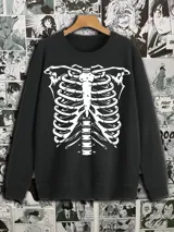 Buzo negro de felpa con cuello redondo y mangas largas. Estampado frontal de esqueleto en color blanco.
