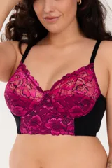 Corset corto con aro, confeccionado en lycra y puntilla elastizada bicolor fucsia y rosa. Breteles elásticos regulables. Espalda ancha confeccionada en lycra con broches regulables.