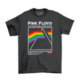 Remera de algodón color gris oscuro con estampado frontal gráfico inspirado en el álbum The Dark Side of the Moon de Pink Floyd, con diseño de prisma y espectro de colores.