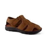 Sandalias de cuero color marrón con tiras anchas y ajuste con velcro. Suela de goma negra.