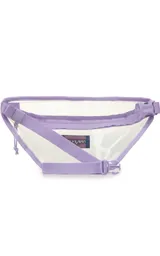 Riñonera transparente con bordes y cierre en color lila. Cuenta con el logo de la marca JanSport en el frente.