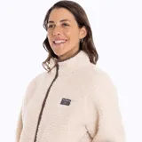 Campera polar color crema con cierre frontal, cuello alto y ribete marrón.