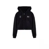 Campera con cierre de algodón negra, corte cropped y capucha. Presenta el logo de Under Armour en blanco en el pecho derecho y un diseño con pedrería plateada en forma de 'T' en el pecho izquierdo.