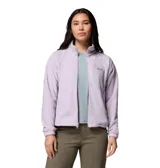 Campera de polar Columbia modelo Benton Springs, color lila, con cuello alto, cierre frontal completo, bolsillos laterales con cierre y puños elásticos.