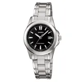 Reloj Casio plateado con esfera negra, agujas plateadas y fechero.