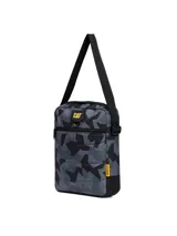 Bolso tipo bandolera Caterpillar modelo Ryan Shoulder Bag, con estampado geométrico en tonos grises y negros, correa ajustable y logo bordado de la marca en el frente.