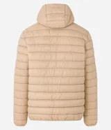 Campera ultraligera gris con capucha, cierre de cremallera, bolsillos con cremallera y diseño acolchado.