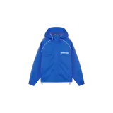 Campera windbreaker Eme Studios de diseño técnico en color azul, con patrón geométrico en relieve, capucha ajustable, cierre frontal oculto, ribetes reflectantes y bolsillos delanteros. Presenta el logo de la marca estampado en el pecho.