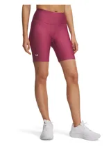 Calza corta deportiva Under Armour modelo Tech Bike, de tiro alto y color fucsia, confeccionada en tejido HeatGear ultraligero y elástico con costuras planas ergonómicas y pequeño logo de la marca estampado en el lateral.