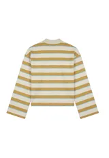 Remera polo de manga larga a rayas horizontales en tonos beige, mostaza y celeste, con cuello camisero y cartera de botones.