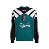 Buzo deportivo adidas del Liverpool F.C., modelo Crew Sweat 95, en color verde, negro y blanco. Presenta diseño retro con bloques de color, cuello redondo, el logo de adidas, el escudo del club en el centro y patrocinador Carlsberg estampado en el frente.