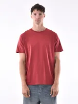Remera de corte regular, cuello redondo y manga corta, confeccionada en tejido de algodón liso.