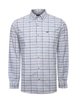 Camisa de franela de algodón orgánico para hombre, con diseño de cuadros en tonos celestes, azules y oscuros sobre base blanca. Presenta cuello abotonado, cierre frontal de botones, bolsillo aplicado en el pecho y un pequeño bordado distintivo de la marca RKF.
