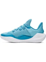Championes de básquetbol Under Armour Curry 11, modelo Mouthguard, en color celeste con detalles en blanco. Presentan tejido UA IntelliKnit transpirable, contrafuerte externo de TPU en el talón y amortiguación UA Flow de doble densidad para mayor rebote y agarre en la cancha.