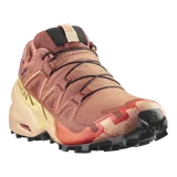 Championes de trekking Salomon Speedcross 6 Gore-Tex, color marrón y naranja con detalles en amarillo, con membrana impermeable y suela Contagrip de alta tracción.
