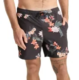 Short de baño negro con estampado floral en tonos rosados, naranjas y verdes, cintura elástica con cordón de ajuste y bolsillos laterales.