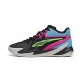 Championes Puma Dagger negros con detalles en fucsia, turquesa y verde.