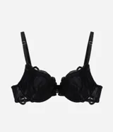 Soutien push up de poliamida negra, con tazas recubiertas de tul transparente y bordado geométrico, breteles regulables y cierre posterior.