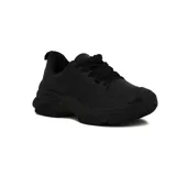 Championes deportivos casuales de mujer, color negro, con plataforma gruesa y suela voluminosa. Presentan cordones negros y un diseño monocromático.