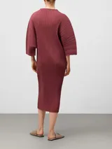 Vestido midi de poliéster reciclado con textura plisada, cuello perkins y mangas amplias redondeadas. Presenta un diseño de corte holgado con un detalle de cambio de textura en el lateral izquierdo.