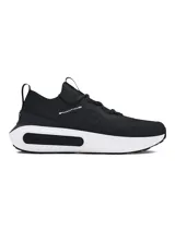 Championes Under Armour Phantom 4 de estilo urbano y deportivo, color negro con suela blanca. Presentan un diseño de cuello de punto tipo calcetín, contrafuerte de TPU en el talón y amortiguación UA HOVR+ para mayor retorno de energía.