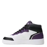 Championes de corte alto tipo botita marca Topper, con diseño tricolor en blanco, negro y violeta. Presentan cierre con cordones negros, suela de goma blanca y detalles de marca en la lengüeta y el lateral.