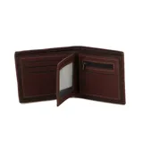 Billetera de cuero para hombre, color negro con interior marrón y detalle frontal en cuero color tostado con el logo de la marca.