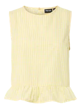Top sin mangas de algodón orgánico y poliéster reciclado, color amarillo con estampado de cuadros vichy, cuello redondo y detalle de volado en el ruedo.