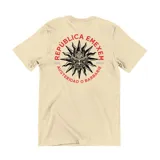 Remera de algodón con estampa circular en la espalda que presenta un diseño de sol con rostro demoníaco y el texto 'Republica Emexem - Austeridad o Barbarie'.