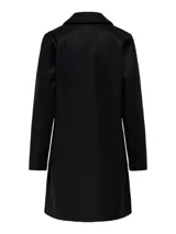 Blazer largo de corte recto y estilo minimalista, con cuello solapa, cierre frontal de dos botones y dos bolsillos frontales de parche.