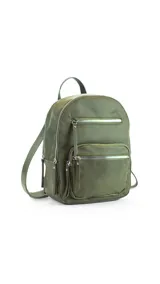 Mochila de tafeta color verde militar, con múltiples compartimentos frontales con cierre metálico, asa superior y correas ajustables para la espalda.