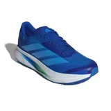 Championes de running Adidas modelo Duramo SL2, color azul con detalles en blanco y verde en la entresuela. Presentan diseño de malla transpirable y las icónicas tres bandas laterales en un tono azul más claro.