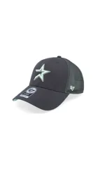 Gorra tipo trucker de la marca 47 Brand, modelo MVP, con corona estructurada gris oscuro, visera curva y paneles traseros de malla. Presenta el logo de los Houston Astros bordado en el frente en color verde menta y el logo de la marca en el lateral.