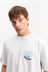 Remera oversize de algodón color gris oscuro, con diseño gráfico estampado en la espalda en tonos celestes y salmón, acompañado del texto "Mistral 1976".