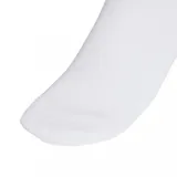 Pack de tres pares de medias cortas Adidas, color blanco con diseño de tres rayas negras en el puño y logo del trébol bordado en negro.