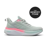 Championes deportivos Hi-Tec modelo Alana, de diseño ergonómico con tecnología Memory Foam. Presentan una base de malla gris con detalles en color menta y fucsia, con suela blanca de alto impacto.