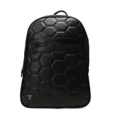 Mochila Tiffosi de color negro con diseño acolchado de patrón hexagonal. Cuenta con un bolsillo frontal con cierre, compartimento principal con cierre y logo metálico de la marca en la parte inferior.