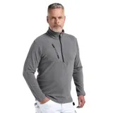Buzo de micropolar gris con cuello alto y cierre frontal parcial. Presenta un bolsillo diagonal con cierre en el pecho con detalle de cinta decorativa con la palabra 'UTILITY'.
