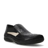 Sandalias tipo zueco de cuero negro con diseño calado y costuras en forma de rombos. Presenta paneles laterales elásticos y suela de goma antideslizante.