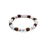 Pulsera elástica con cuentas de aleación de metales bañadas en plata y cuentas de madera.