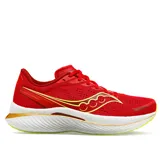 Championes de running Saucony Endorphin Speed 3, color rojo con detalles en amarillo y blanco.