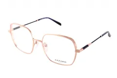 Armazón para lentes de metal color oro rosa, con forma geométrica y varillas finas color negro.