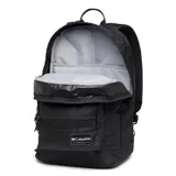 Mochila urbana Columbia de 30 litros en color negro, con dos compartimentos principales, funda acolchada para laptop, bolsillos laterales para botellas y bolsillo frontal con cierre. Incluye tiradores reflectantes y base acolchada.