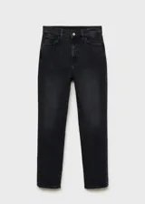 Jeans negros de tiro alto y corte slim, con diseño cropped, cinco bolsillos, trabillas y cierre frontal de cremallera y botón.