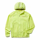 Campera cortaviento de trail running color amarillo neón, con capucha, cierre frontal completo y logo de la marca estampado en el pecho. Presenta diseño ligero y transpirable con puños elásticos.